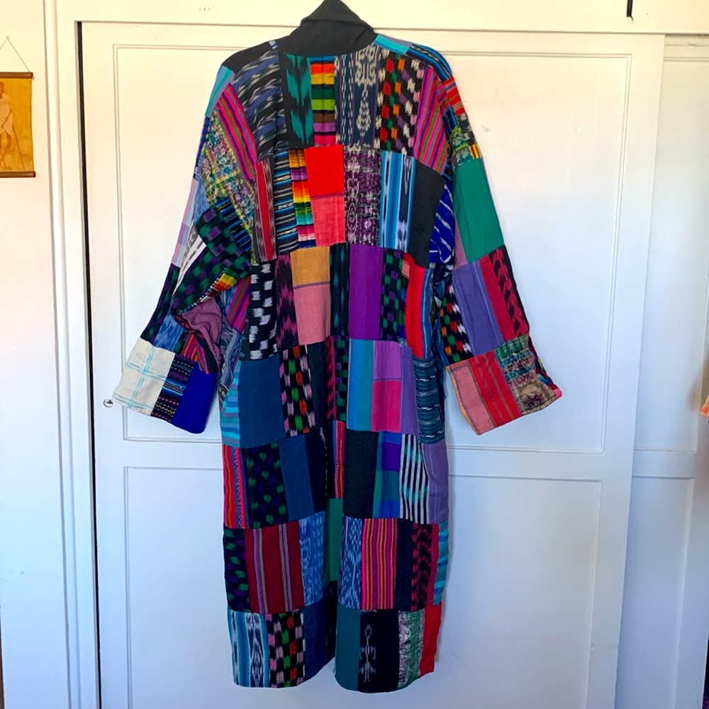 Vintage handmade Guatemalan duster kimono robe, embroidered, woven patchwork